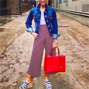CAbi Wide Leg Patterned Pants in Navy and White with Red Accents